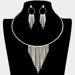 Gold Fringe Rhinestone Crystal Necklace Set Formal Fashion Jewelry